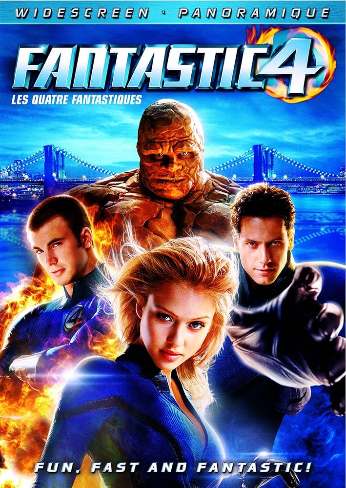 Poster film Fantastic Four menampilkan empat pahlawan super dengan kekuatan api, elastis, tak terlihat, dan batu