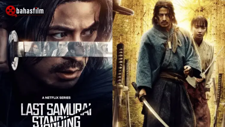 Junichi Okada sebagai Shujiro Saga dalam serial Netflix Last Samurai Standing, dengan ekspresi lelah dan penuh konflik. Analisis oleh BahasFilm.