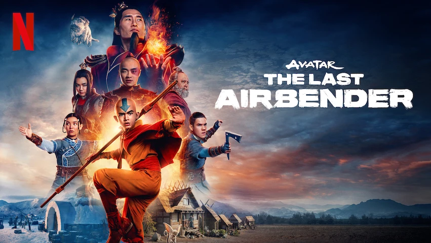 Poster resmi serial Netflix Avatar: The Last Airbender menampilkan Aang di tengah dengan stafnya, dikelilingi oleh Katara, Sokka, Zuko, Iroh, Azula, dan Raja Api Ozai dengan latar belakang elemen api dan es.