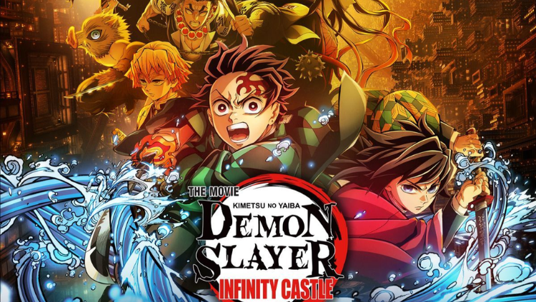 Poster utama film anime Demon Slayer Infinity Castle menampilkan Tanjiro Kamado di tengah bersama Zenitsu, Inosuke, dan Hashira seperti Giyu Tomioka dengan latar belakang Kastil Infinity yang kompleks dan logo resmi film.