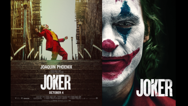 Kolase poster film Joker 2019 menampilkan sisi kiri Arthur Fleck menari di tangga dengan setelan merah dan sisi kanan close-up wajah Joker dengan riasan badut khas.
