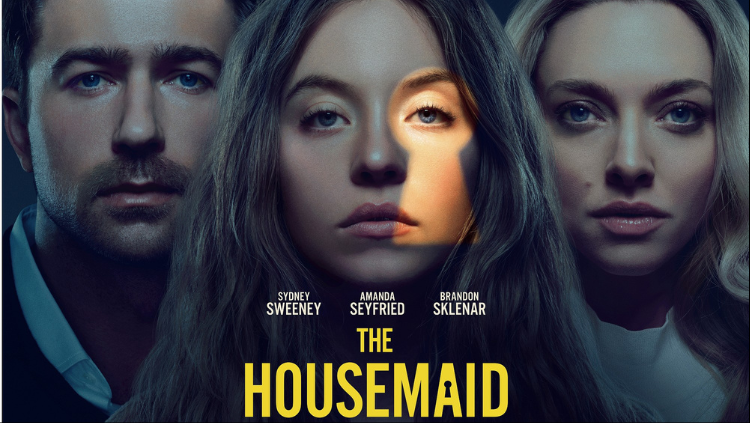 Poster film The Housemaid 2025 menampilkan wajah Sydney Sweeney di tengah dengan efek bayangan lubang kunci, diapit oleh Brandon Sklenar di kiri dan Amanda Seyfried di kanan.