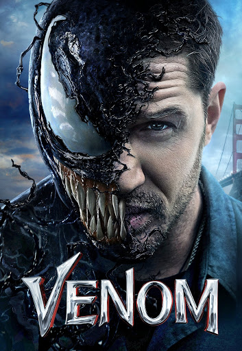 Poster film Venom menampilkan visual wajah pria setengah manusia dan setengah makhluk simbiot alien dengan ekspresi gelap dan menyeramkan