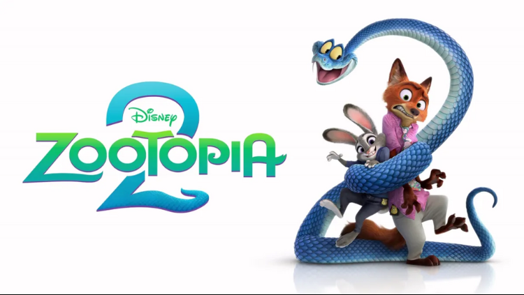 Poster resmi film Zootopia 2 oleh bahasfilm menampilkan Judy Hopps dan Nick Wilde yang dililit ular biru raksasa dengan latar belakang putih.