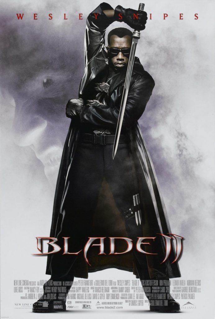 Poster film Blade II menampilkan karakter pemburu vampir dengan pedang dalam nuansa gelap dan penuh aksi