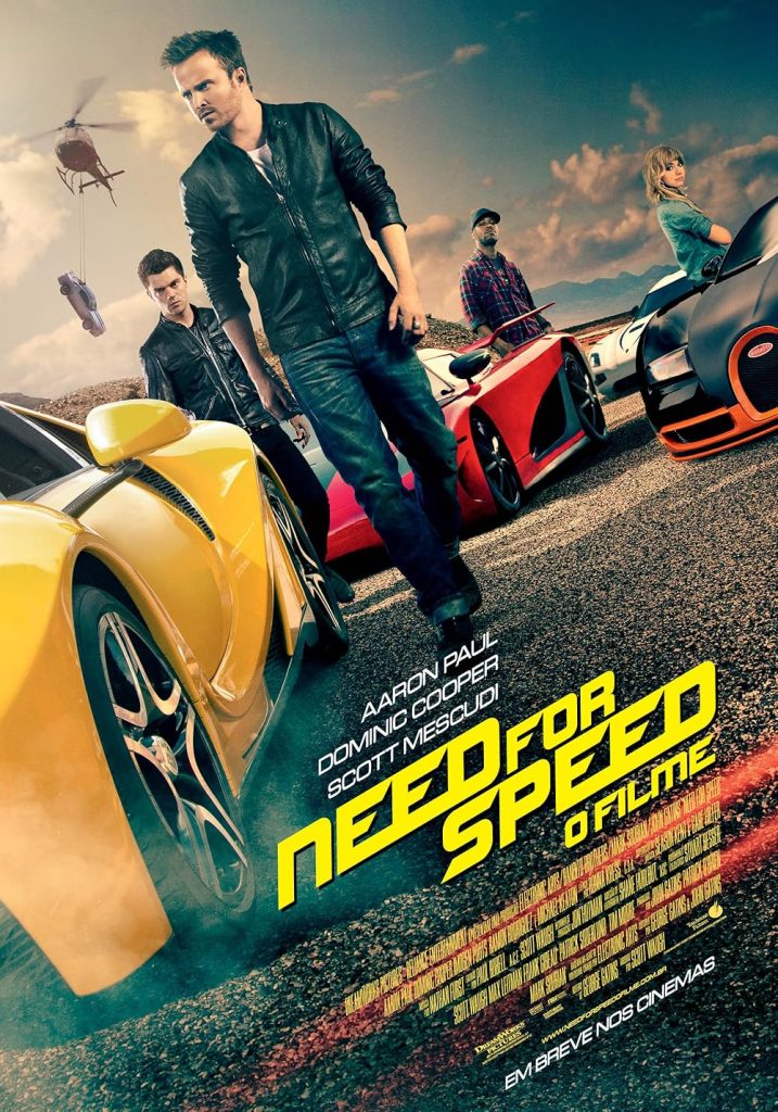 Poster film Need for Speed (2014) menampilkan Aaron Paul dan Dominic Cooper berdiri di depan mobil sport mewah seperti Bugatti dan Ferrari dengan latar gurun serta helikopter.