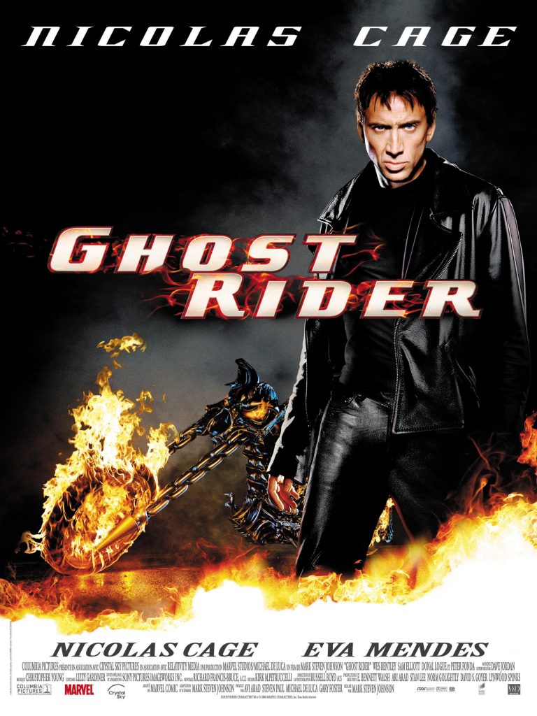 Poster film Ghost Rider 2007 menampilkan Nicolas Cage dengan motor api dan rantai menyala