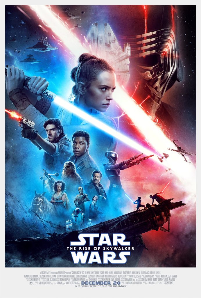 Poster Star Wars The Rise of Skywalker menampilkan Rey dan Kylo Ren dengan lightsaber merah dan biru