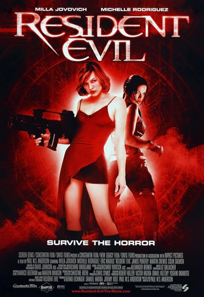 Poster film Resident Evil 2002 menampilkan Milla Jovovich dan Michelle Rodriguez dengan latar merah horor