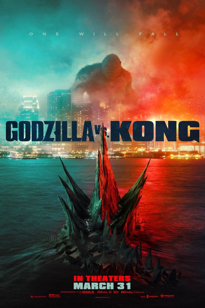 Poster film Godzilla vs Kong menampilkan pertarungan dua monster raksasa di tengah kota dengan latar cahaya merah dan biru