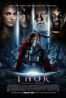 Poster film Thor menampilkan superhero Thor dengan palu di tangan berlatar dunia Asgard dan karakter pendukung