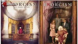 Ilustrasi konsep film The Exorcism at 1600 Penn menunjukkan Gedung Putih dengan unsur horor