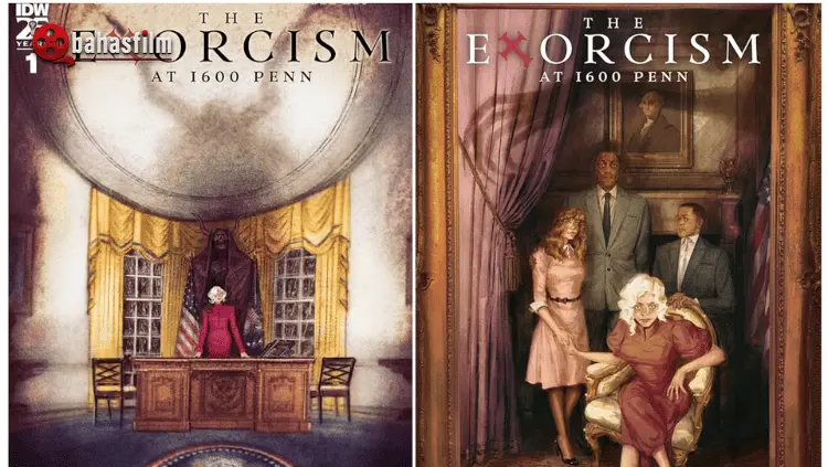 Ilustrasi konsep film The Exorcism at 1600 Penn menunjukkan Gedung Putih dengan unsur horor