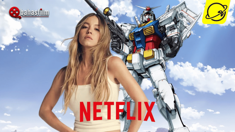 Ilustrasi konsep artis untuk poster film adaptasi live-action Gundam Netflix, menampilkan siluet Mobile Suit Gundam dengan logo Netflix dan nama Sydney Sweeney.
