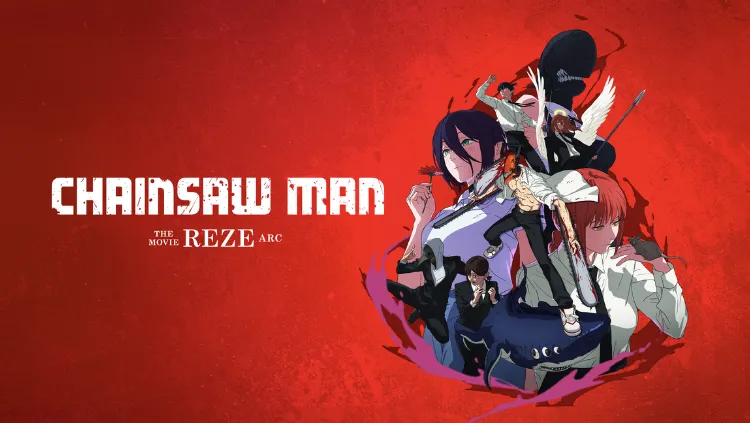Poster resmi film anime Chainsaw Man Movie Reze Arc dengan latar belakang merah menyala, menampilkan karakter Denji dalam wujud Chainsaw Man, Reze yang memegang bunga, Makima, dan karakter lainnya yang tersusun dalam komposisi melingkar, dengan teks judul "CHAINSAW MAN THE MOVIE REZE ARC".