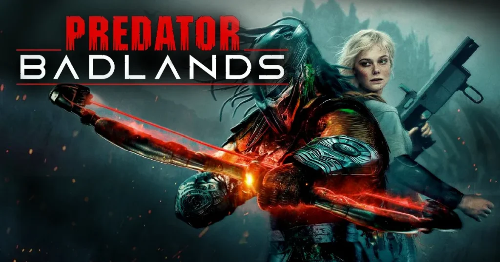 Poster film Predator: Badlands menampilkan karakter Predator versi modern dengan armor canggih sedang membidik busur panah bercahaya merah api; di belakangnya tampak Elle Fanning dengan ekspresi serius memegang senjata laras panjang besar; latar belakang gelap berkabut dengan tulisan judul "PREDATOR BADLANDS" berwarna merah dan putih.