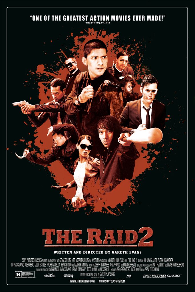 Poster film The Raid 2 menampilkan Iko Uwais dan karakter lain dalam adegan aksi penuh kekerasan.
