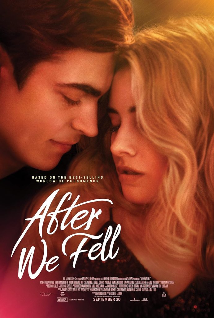 Poster film After We Fell menampilkan pasangan Hardin dan Tessa dalam adegan romantis dengan latar warna hangat.