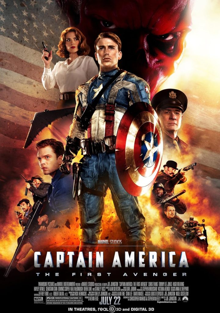 Poster resmi film Captain America The First Avenger (2011) menampilkan Captain America dengan perisai ikonik berlatar ledakan dan karakter Red Skull serta pasukan perang.
