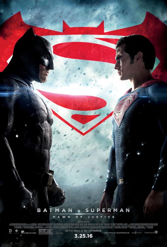 Poster film Batman v Superman Dawn of Justice menampilkan Batman dan Superman saling berhadapan dengan logo Superman di latar belakang.