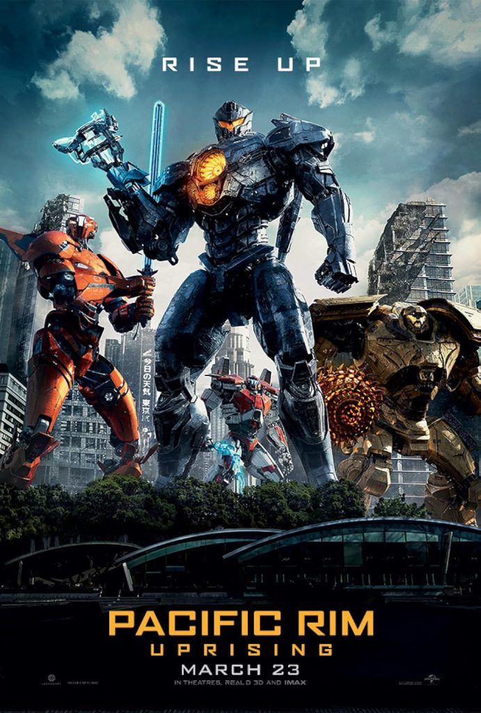 Poster film Pacific Rim Uprising menampilkan robot Jaeger raksasa bertarung di tengah kota futuristik dengan latar kehancuran dan langit dramatis