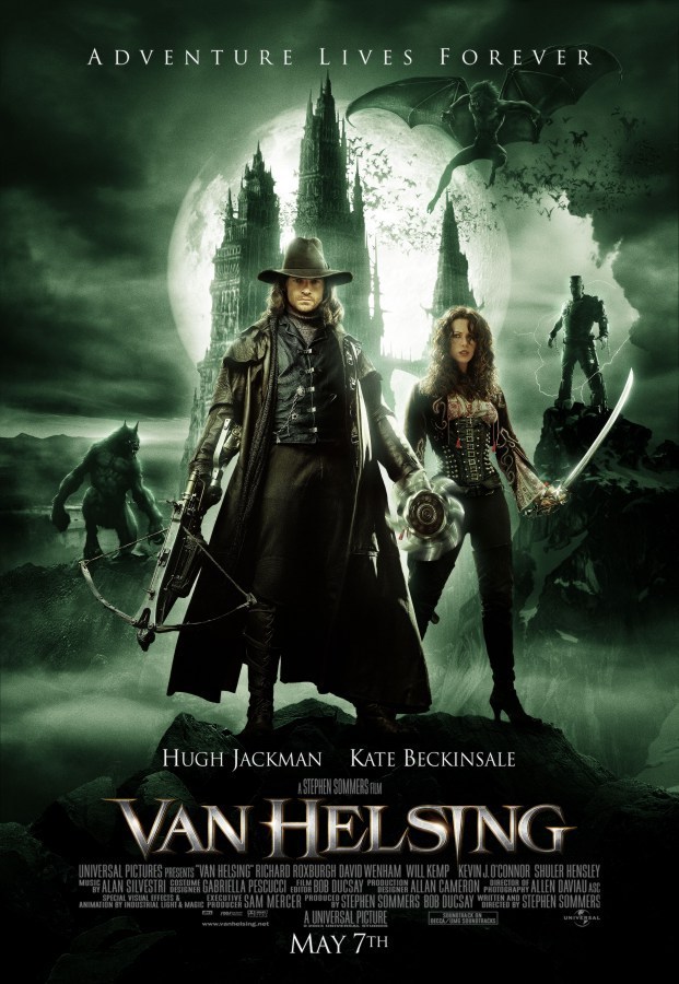 Poster film Van Helsing 2004 menampilkan Hugh Jackman dan Kate Beckinsale dengan latar kastil gothic dan makhluk vampir
